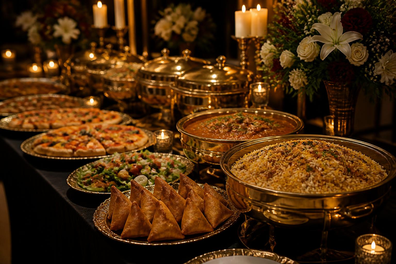 Festliches Catering Buffet mit Biryani, Curry, Samosas und Pizza
