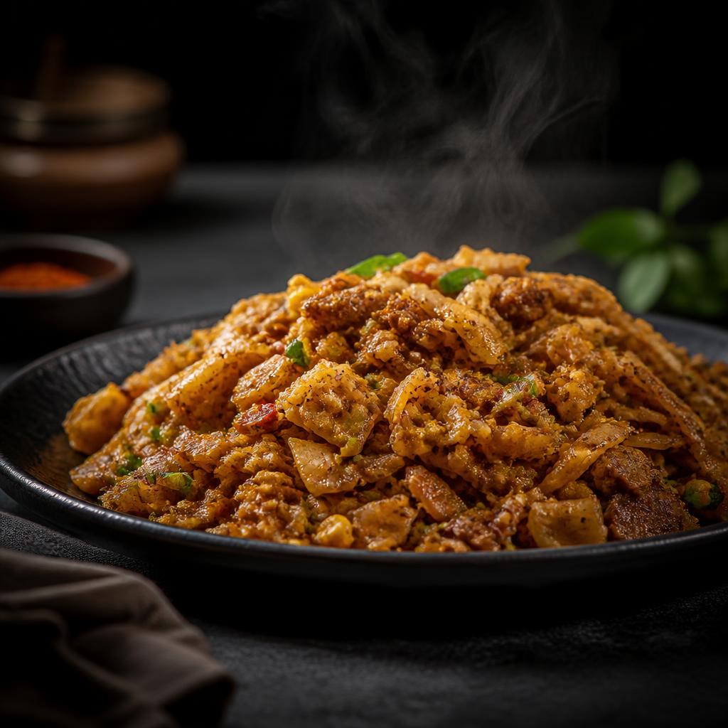 Kottu Roti mit gehacktem Roti, Hähnchen, Ei und Gemüse